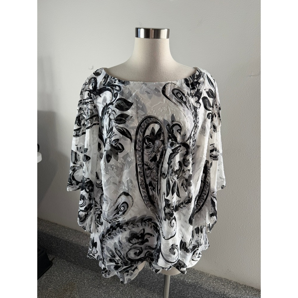 Alex Evenings Woman Plus 2X Black White Paisley Burnout Bell Sleeve Blouse Top